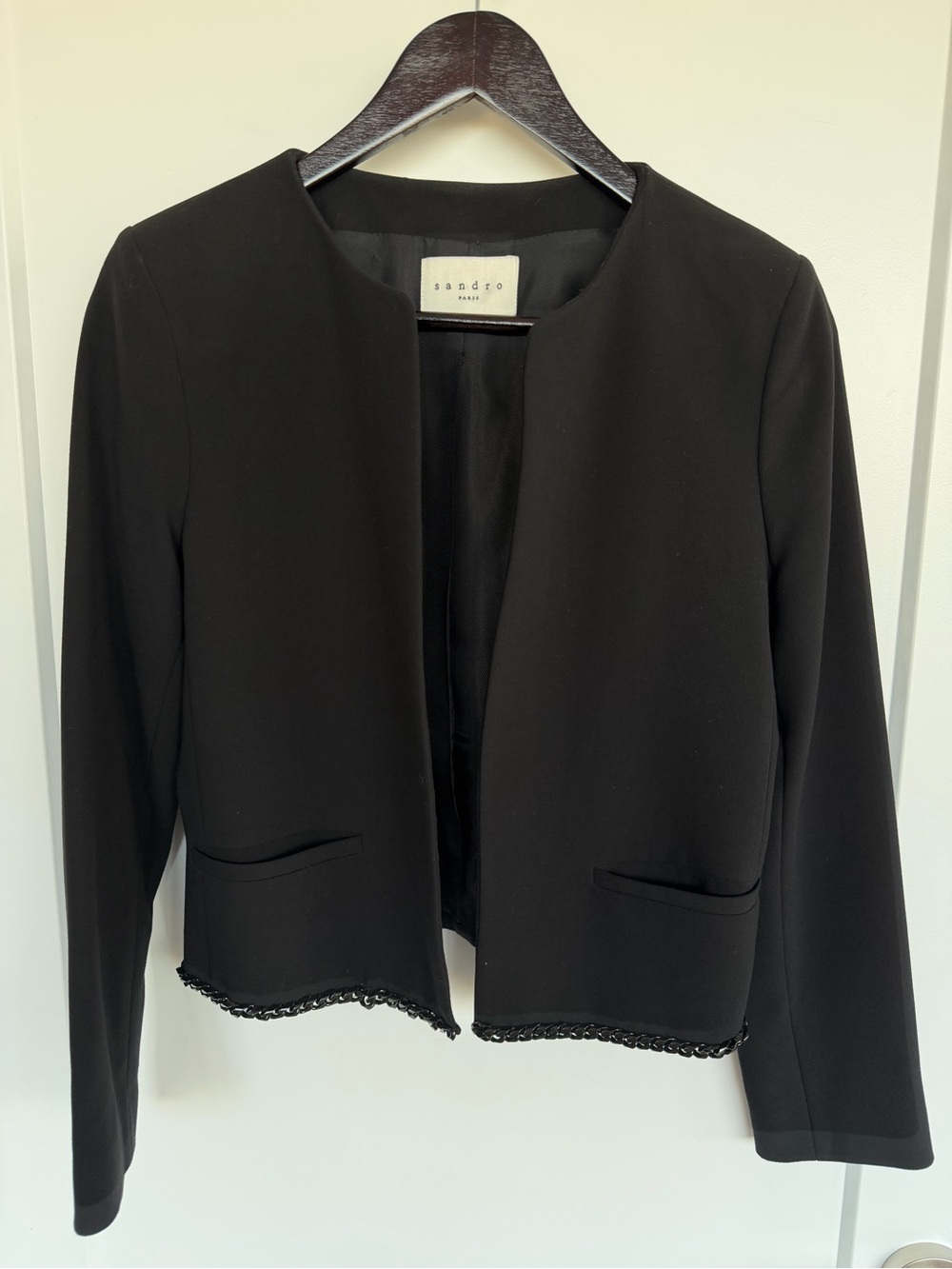 Sandro Valeur Black Open-Front Cropped Blazer with Chain Trim